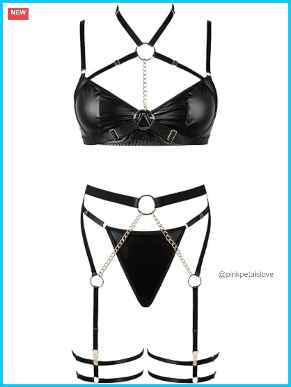 PU Leather Strappy Underwire Garter Belt Lingerie Bodysuit Set